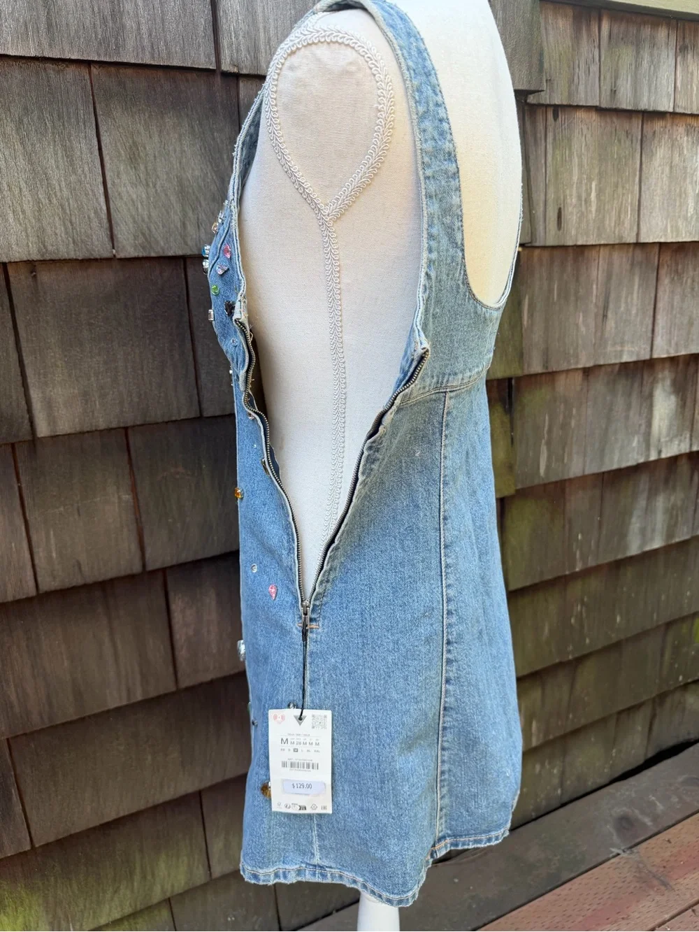 ZARA blue denim mini dress with rhinestones sleeveless Sz M NWT. - Picture 8 of 11